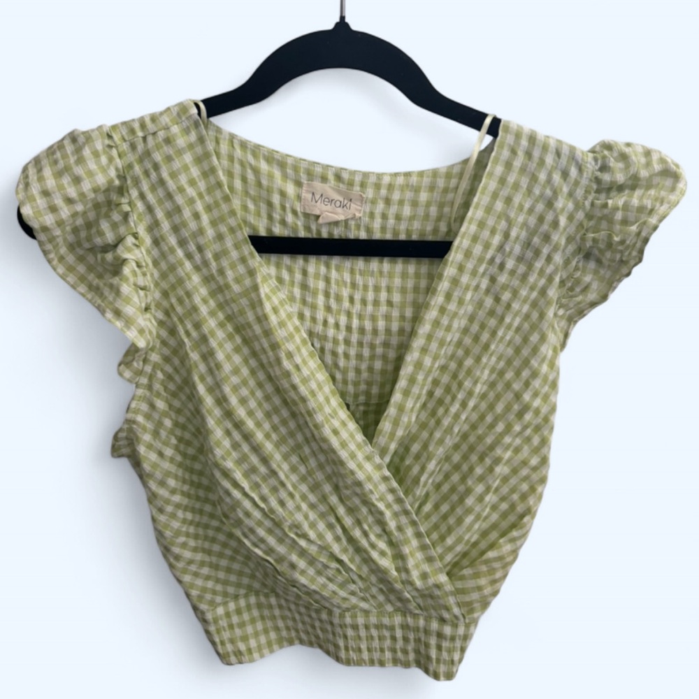 Meraki Light Green & White Gingham Wrap Top